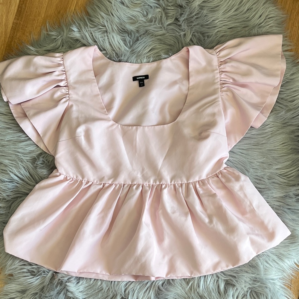 Express Light Pink Flutter-Sleeve Peplum Blouse
